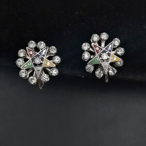 Order of the Eastern Star Rhinestone Screw Back Earrings Vintage Masonic
